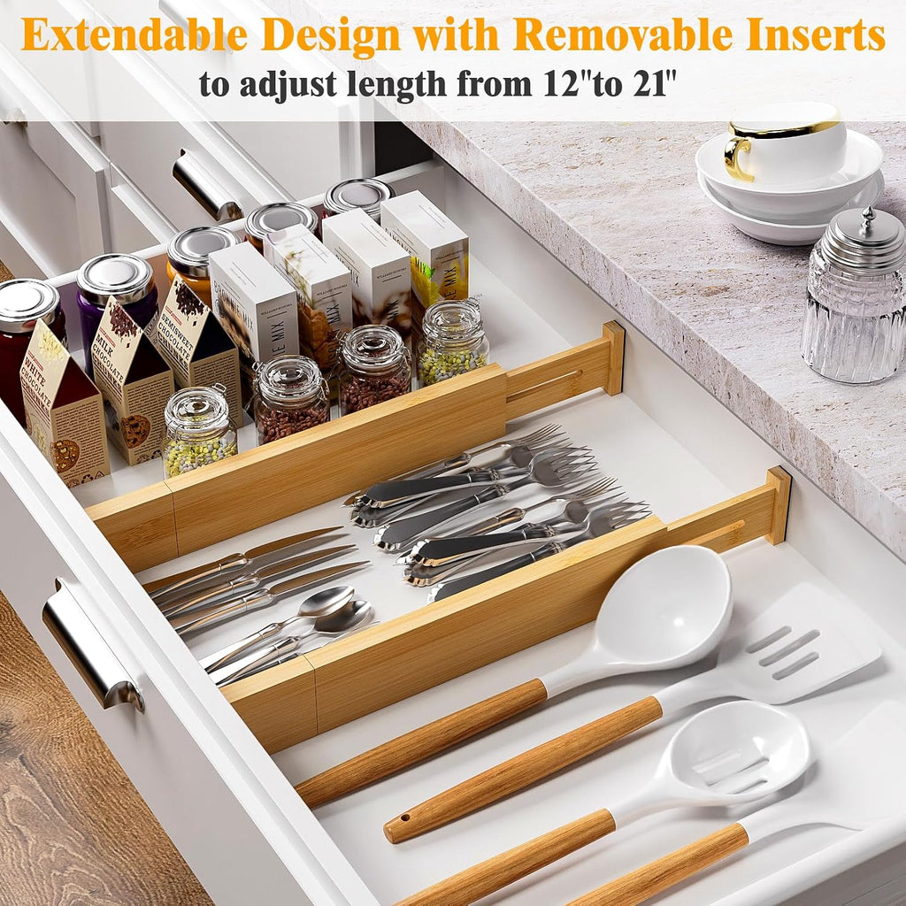 Bamboo Drawer Dividers, 12-21 Inch Kitchen Adjustable Drawer Organizers
