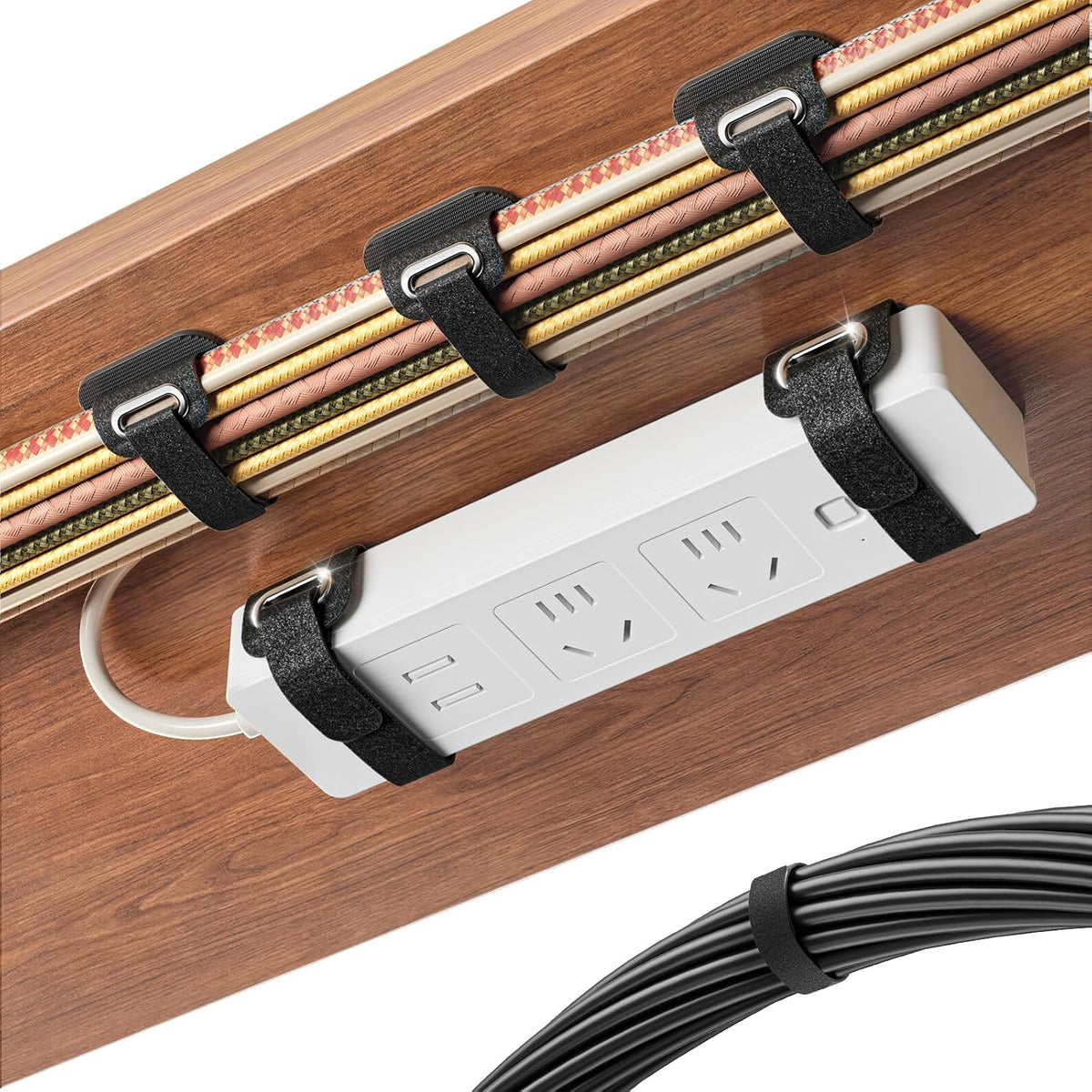 Cable Management Under Desk, Large Bundle Cord+Power Strip Organizer-8 Pair