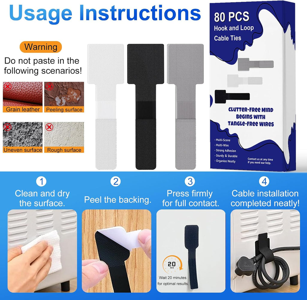 80 PCS Hook and Loop Cable Ties, Self Adhesive Cable Management Straps, Reusable Cord and Wire Organizer Clips for Under Desk, Computer, TV, Gaming Setup, Home Office and Kitchen, Black and White