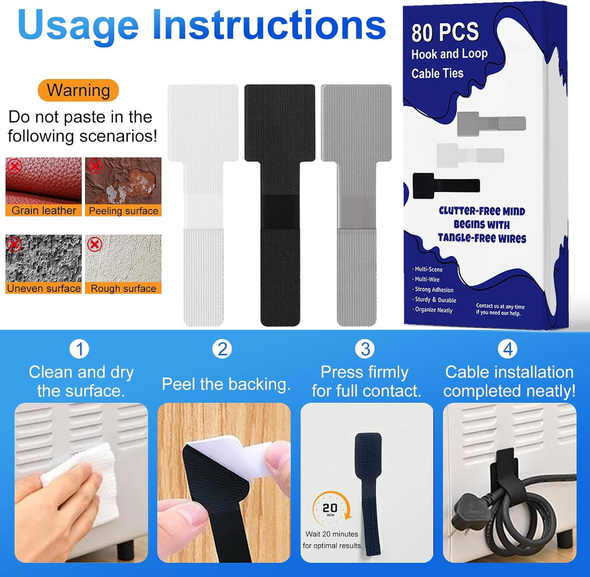 80 PCS Hook and Loop Cable Ties, Self Adhesive Cable Management Straps, Reusable Cord and Wire Organizer Clips for Under Desk, Computer, TV, Gaming Setup, Home Office and Kitchen, Black and White