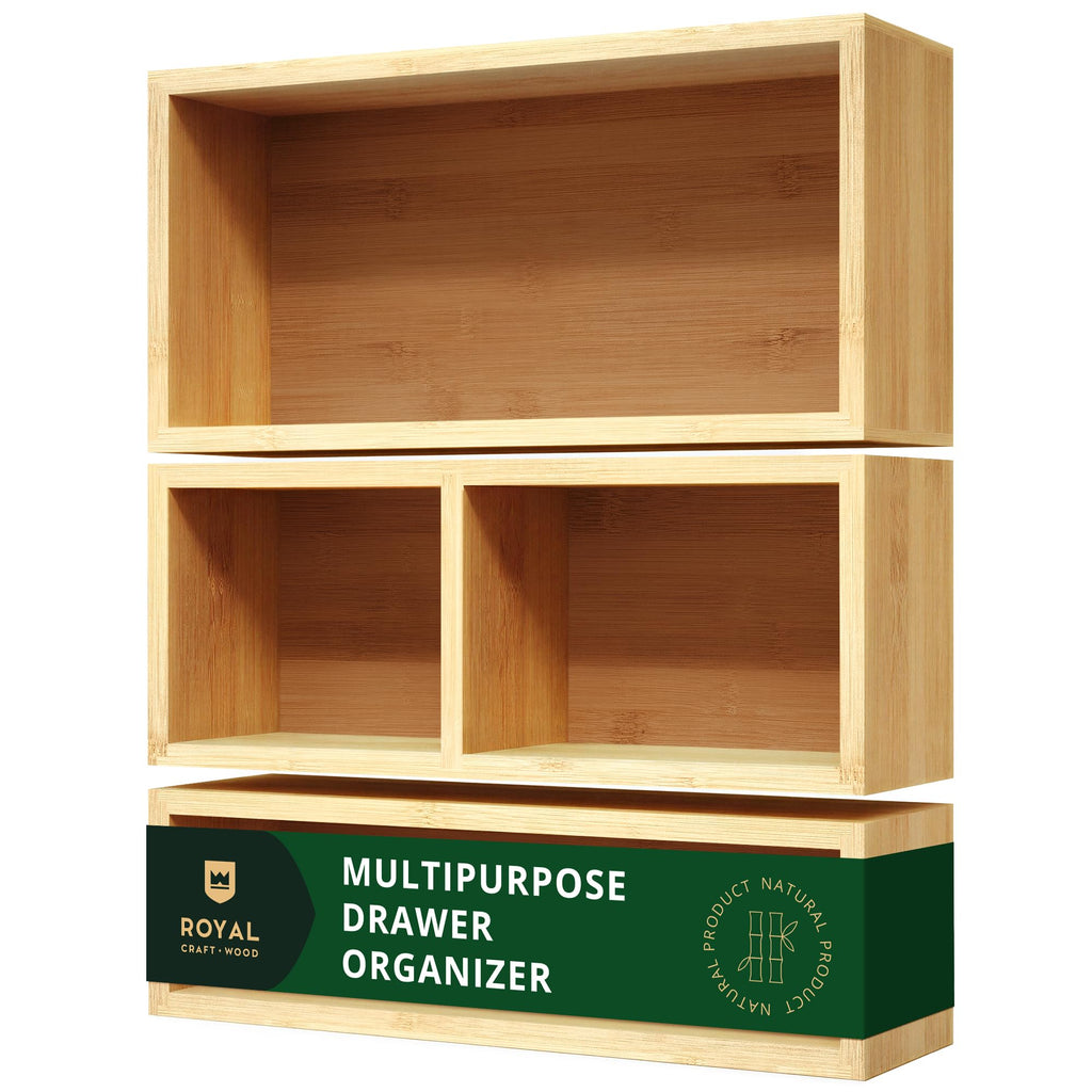 ROYAL CRAFT WOOD 5-Piece Bamboo Drawer Organizer Set – Multi-Use Storage Trays for Kitchen, Bathroom, Office, Makeup, Jewelry & More – Junk Drawer Tray, Utensil Holder, Storage Box & Bin Set (5 Boxes)