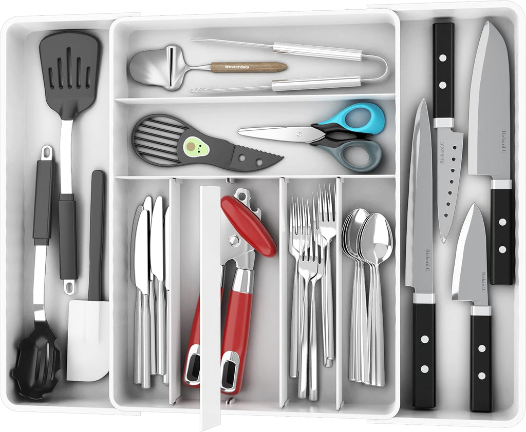 Simple Houseware Expandable Kitchen Drawer Flatware Organizer, White