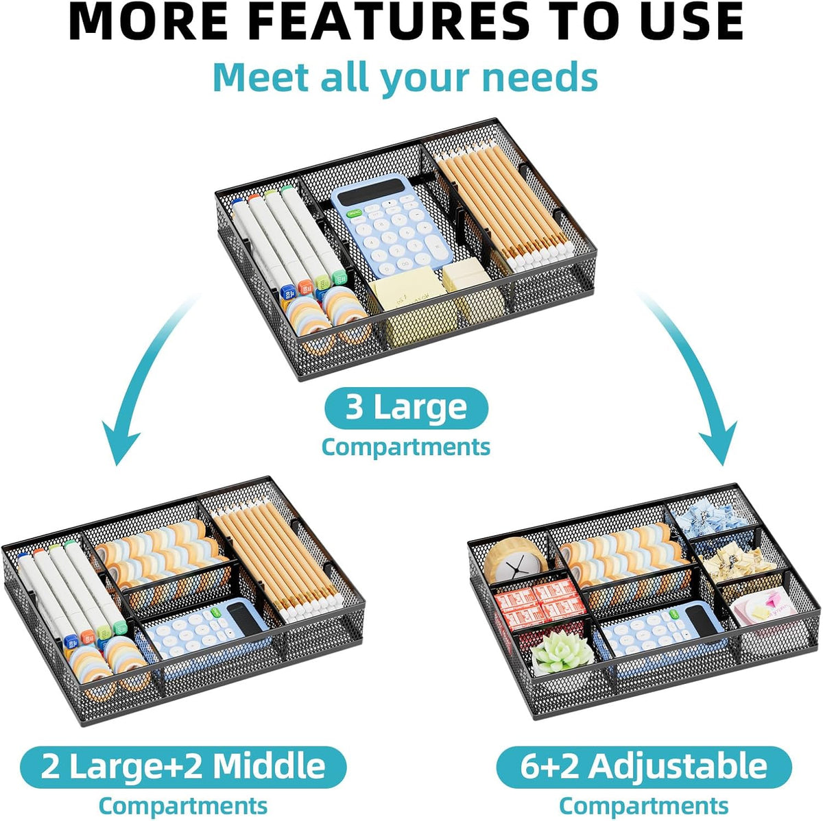 Marbrasse 2 Pack Desk Drawer Organizer, Mesh Drawer Organizer Tray with 8 Adjustable Compartments, Desk Organizers and Accessories, 5 Dividers Drawer for Office Supplies, Makeup & Vanity (Black)
