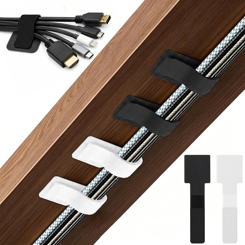 80 PCS Hook and Loop Cable Ties, Self Adhesive Cable Management Straps, Reusable Cord and Wire Organizer Clips for Under Desk, Computer, TV, Gaming Setup, Home Office and Kitchen, Black and White