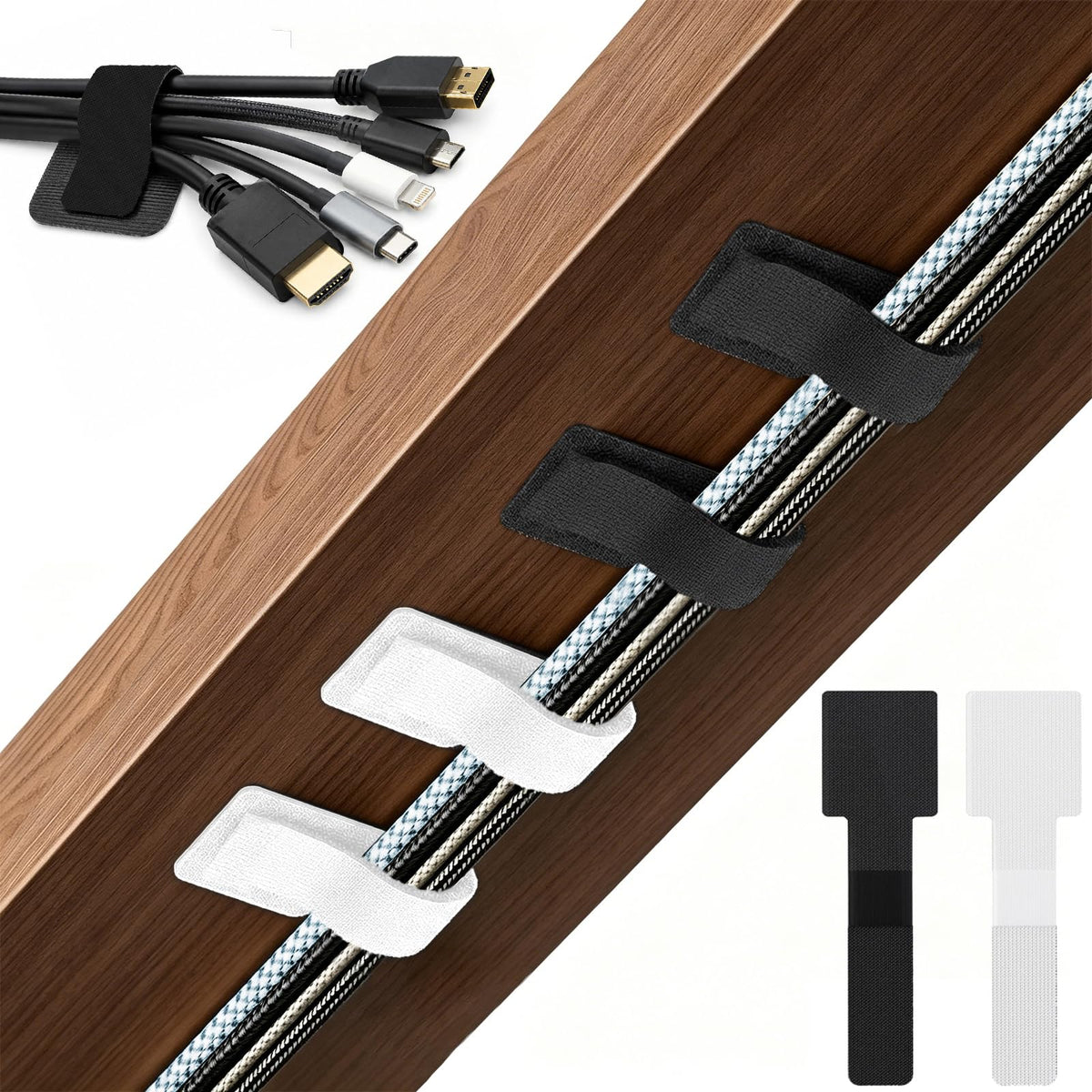 80 PCS Hook and Loop Cable Ties, Self Adhesive Cable Management Straps, Reusable Cord and Wire Organizer Clips for Under Desk, Computer, TV, Gaming Setup, Home Office and Kitchen, Black and White