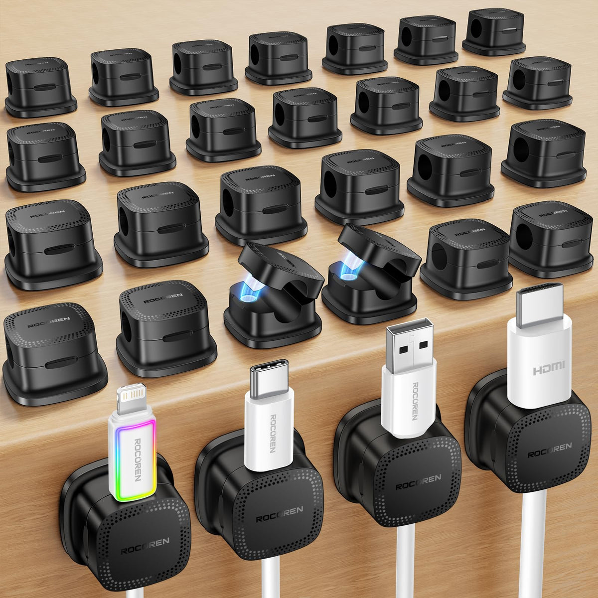Rocoren 30-Pack Magnetic Adjustable Cable Clips Cord Organizer