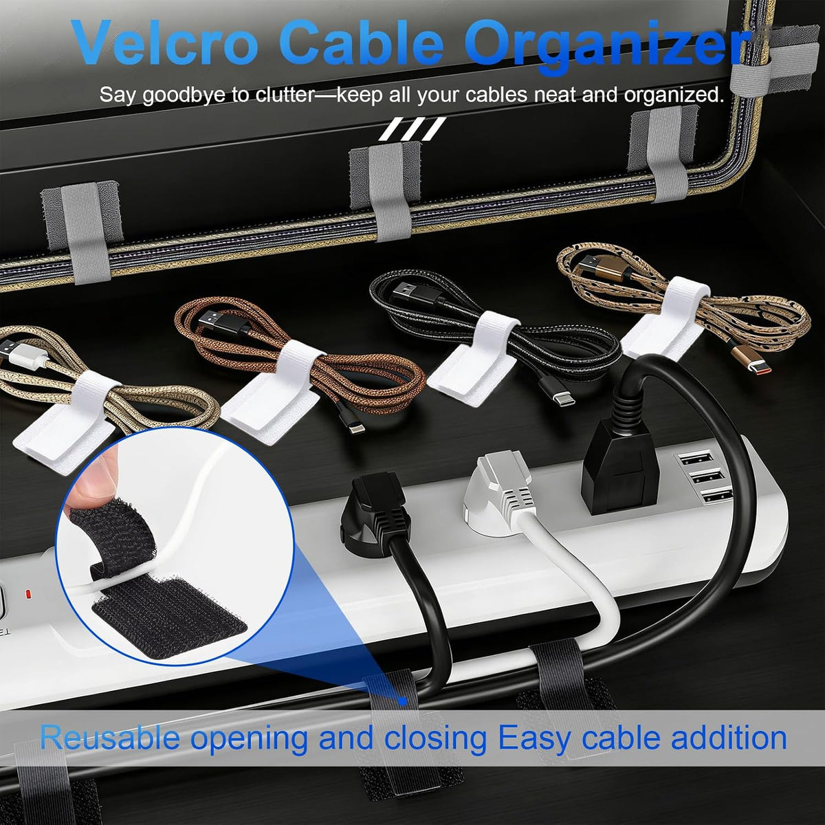 80 PCS Hook and Loop Cable Ties, Self Adhesive Cable Management Straps, Reusable Cord and Wire Organizer Clips for Under Desk, Computer, TV, Gaming Setup, Home Office and Kitchen, Black and White