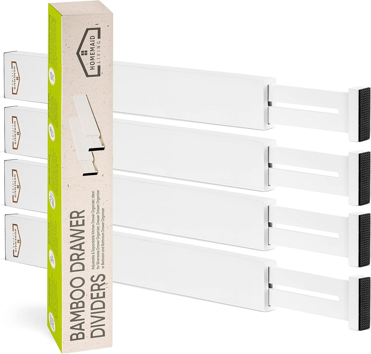 Bamboo Drawer Dividers, Adjustable & Expandable, 4 Pack, White, Kitchen, Bathroom & Office Drawer Organizer (4pk)
