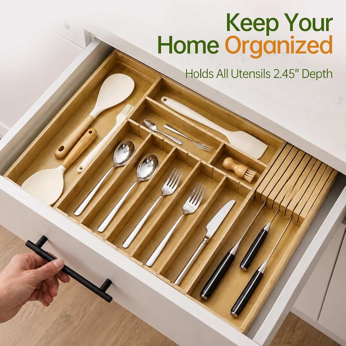 Bamboo Expandable Silverware Drawer Organizer, Removable Knife Block