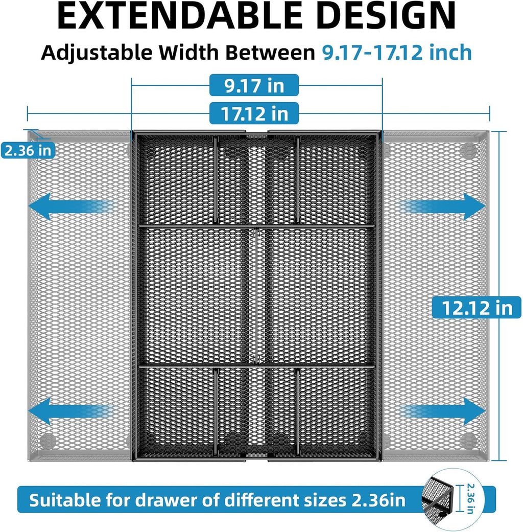Marbrasse Expandable Desk Drawer Organizer, Mesh Drawer Organizer Tray with 10 Adjustable Compartments, Desk Organizers and Accessories, 5 Dividers Drawer for Office Supplies, Makeup & Vanity (Black)