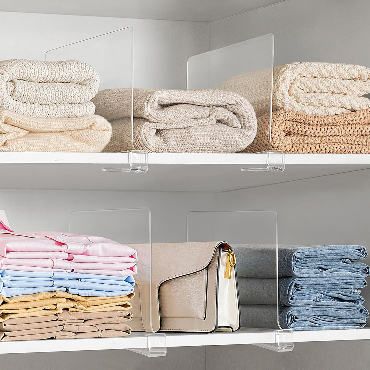 HBlife 6 Pack Closet Organizers and Storage, Clear Shelf Dividers, Vertical Purse Organizer for Closet Perfect for Sweater, Shirts, Handbags in Bedroom and Kitchen, Acrylic Bookshelf for Organization