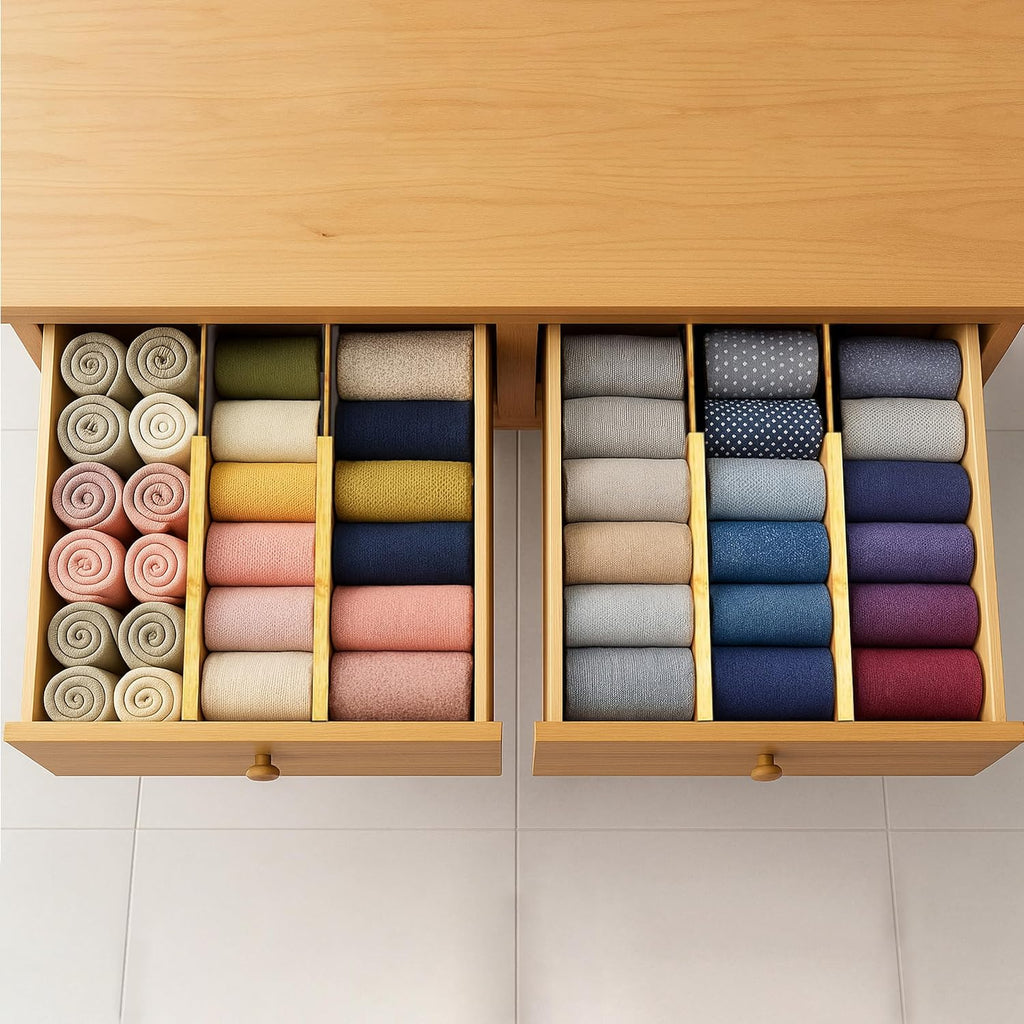 Bamboo Drawer Dividers 6 Pack with Non Slip Liner, Adjustable Expandable Drawer Organizer for Dresser, Kitchen, Bathroom, 4.5 Inch Tall Separators for Clothes, Fits 12 to 17.5 Inch Drawers